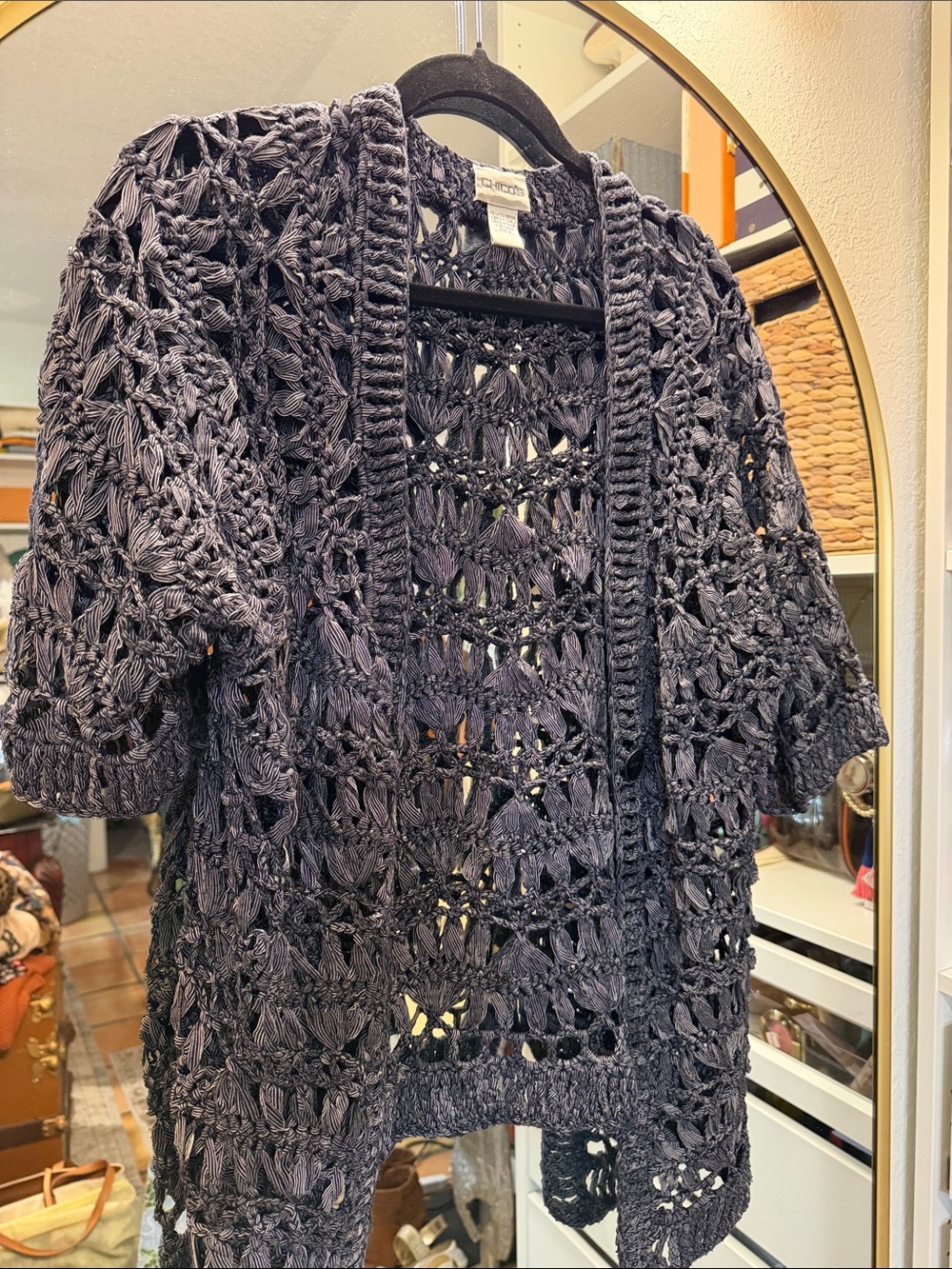 Chico’s Black & White Open Knit Crochet Cardigan Size 2